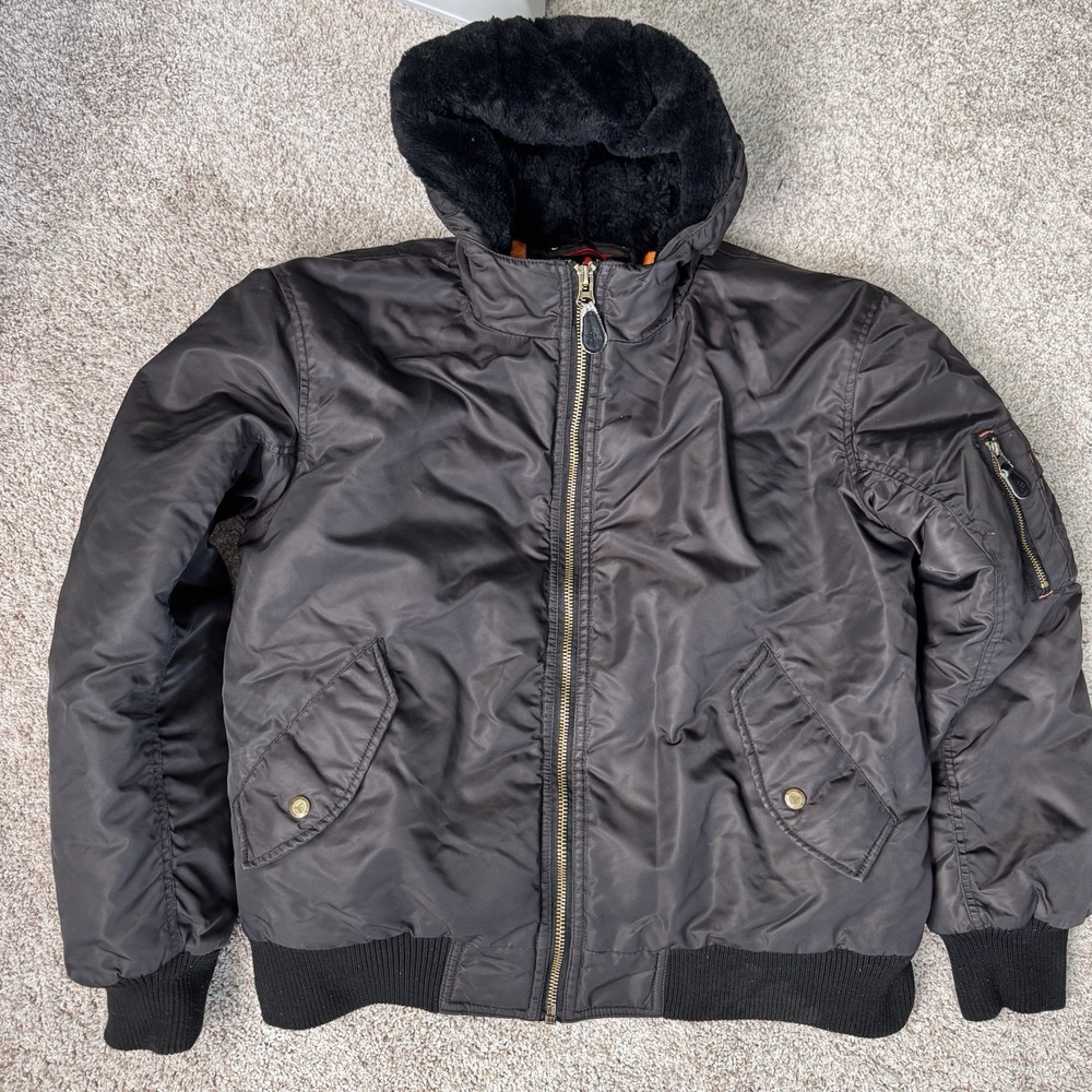 Y2K Spire Satin Flight Bomber Jacket Men XL Black Fur Hood Gorpcore Streetwear